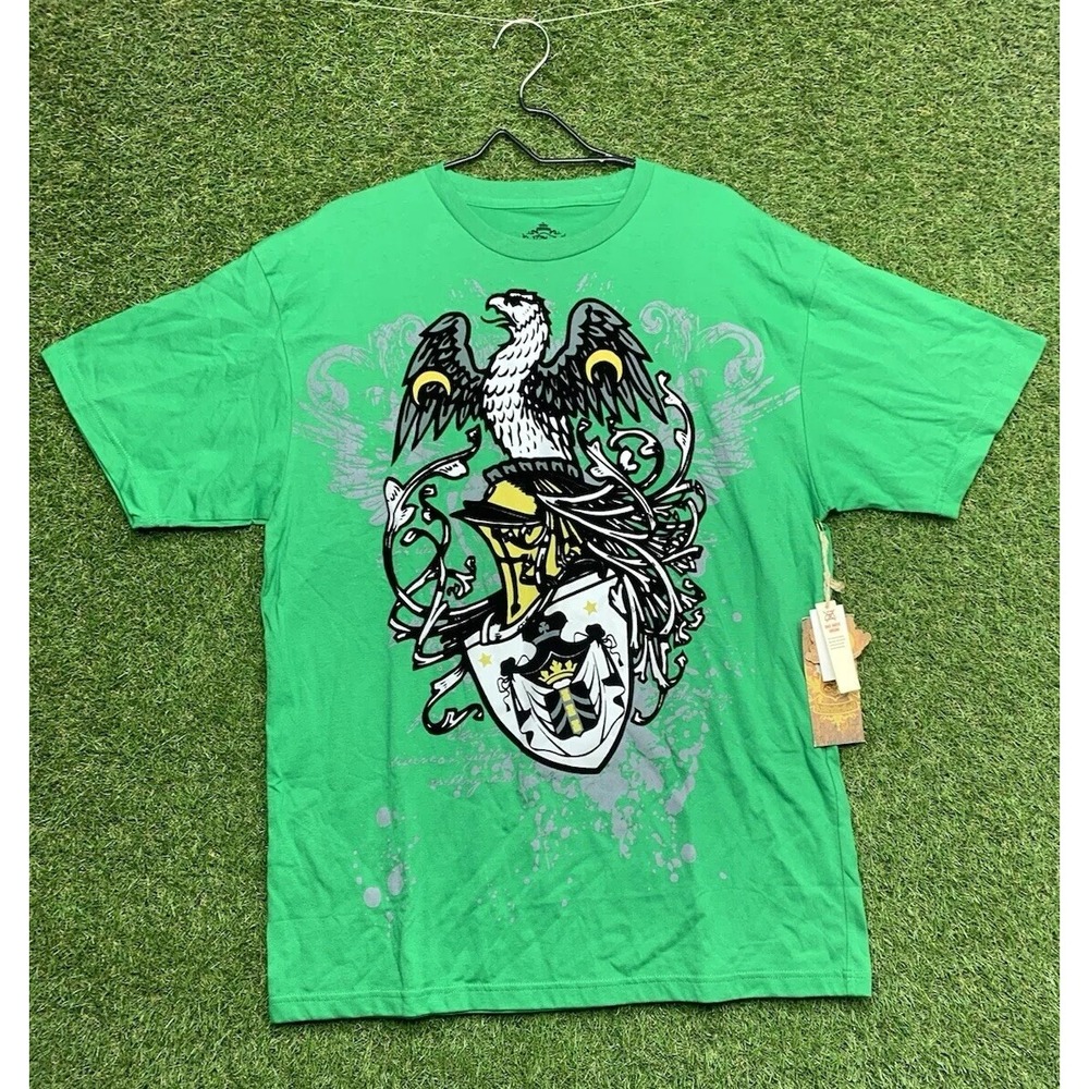 Attitude Gold Shirt Mens XL Green Skull Wings Distressed MMA Elite Y2K AOP